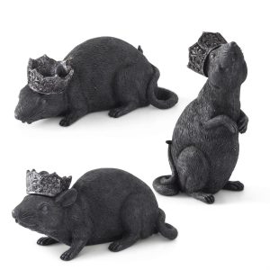 SET OF 3 BLACK RESIN RATS W/GLITTERED CROWNS