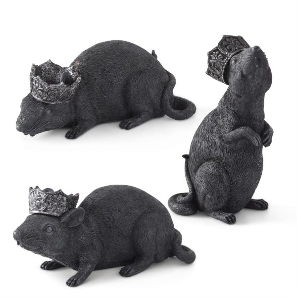 SET OF 3 BLACK RESIN RATS W/GLITTERED CROWNS