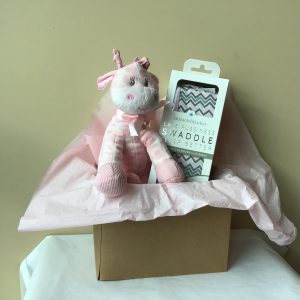A pink gift basket with a blanket and rattle.