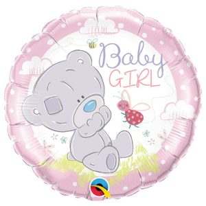 Inflated light pink foil balloon with white center with image of a gray baby bear sitting in grass playing with a pink bird with phrase "baby girl" in purple and pink fonts.