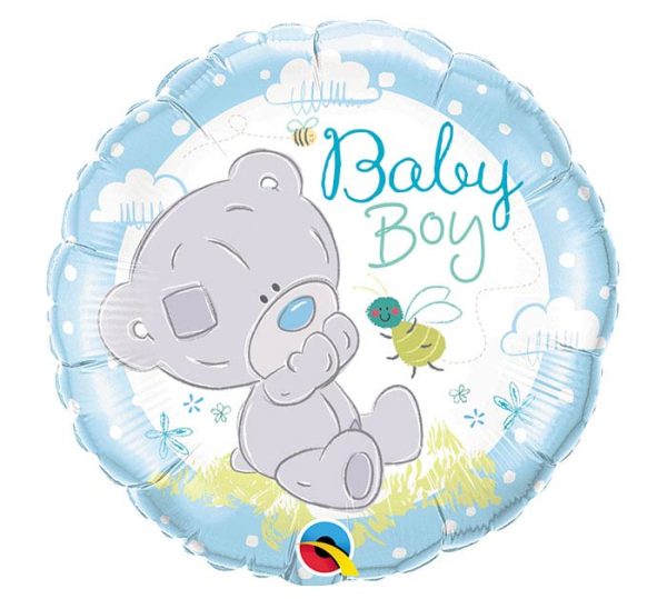 Inflated baby blue foil balloon with white center with gray baby bear sitting in grass playing with a bee with phrase "baby boy" in blue and green fonts.