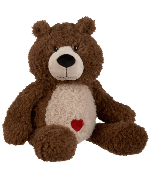 Brown sitting bear with tan stomach with a red heart in the middle.