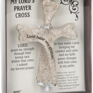 Brown box with clear cover, inside carboard piece is white with black script and decorative accent, containing a 4" tan resin cross with black font inscribed on it.