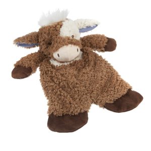 Light brown unstuffed plush cow with white nose, dark brown hooves, and blue and white gingham pattern inside the ears.