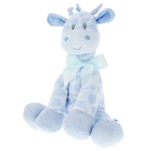 Baby blue and white sitting giraffe with bow around neck.