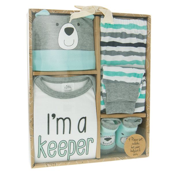 Boxed baby boy gift set containing white onesie with gray trim that says "i'm a keeper" in gray and mint-colored fonts with gray, white, and mint striped pants, mint socks, and a gray and mint hat with a bear face.