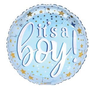 Inflated baby blue helium foil balloon with gold stars with phrase 'it's a boy!"