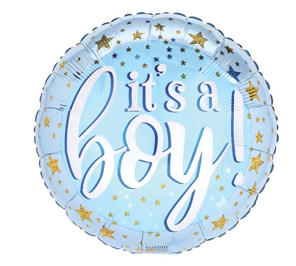 Inflated baby blue helium foil balloon with gold stars with phrase 'it's a boy!"