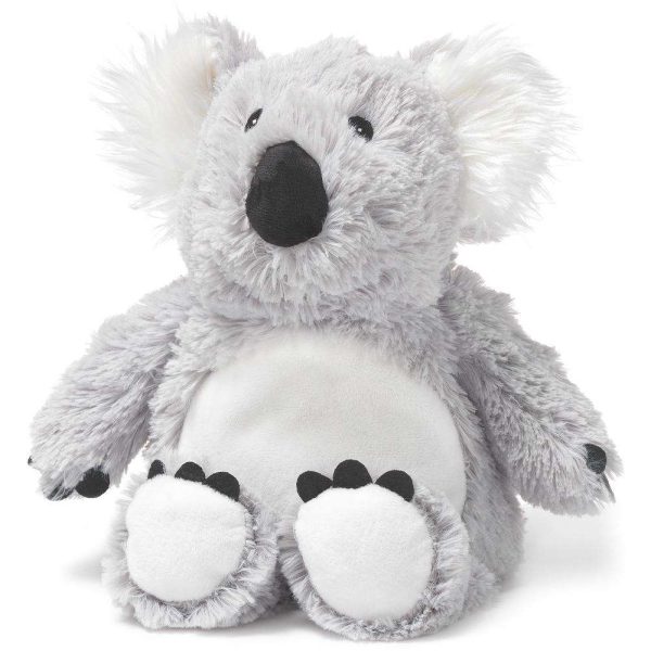 Gray plush koala bear with white stomach and soles of feet and black nose, eyes, and toes.