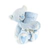 A light blue teddy bear with a blue nose and blue hearts on its paws holding a rolled soft blue blanket that says "loved".