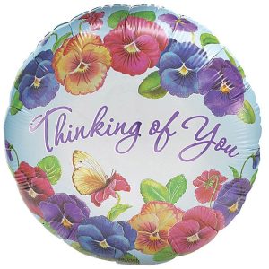 17" foil helium balloon with Thinking of You text and multi-colored pansy flowers
