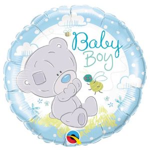 Inflated baby blue foil balloon with white center with gray baby bear sitting in grass playing with a bee with phrase "baby boy" in blue and green fonts.