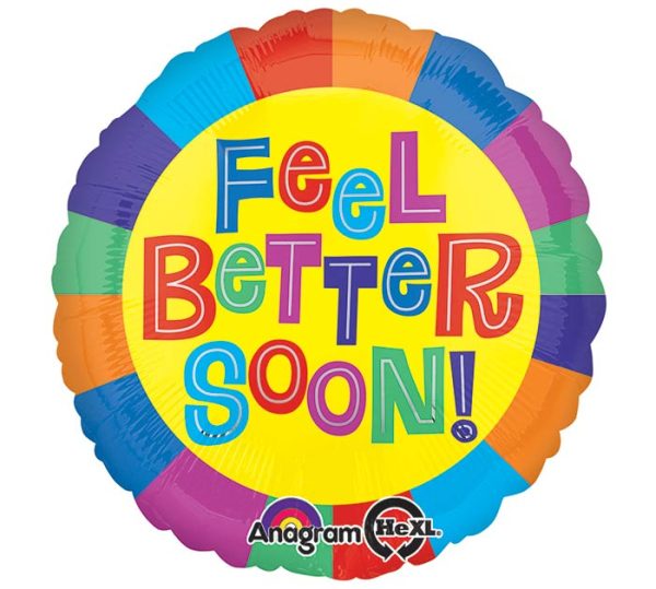 Inflated foil balloon with yellow center that says "feel better soon" in multi-colored block letters and mutli-colored wheel border.