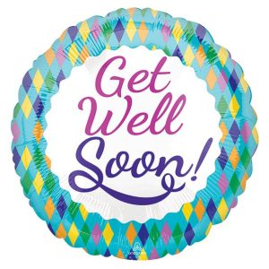 Inflated foil balloon with white center that says "get well soon!" in purple script fonts with teal border containing multi-colored diamond shapes.