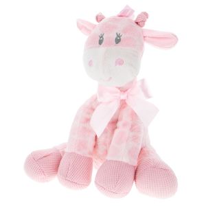 Baby pink and white sitting giraffe with bow around neck.