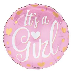 Inflated baby pink foil balloon with gold with phrase "it's a girl" in white script font and a heart over the "I" in "girl."