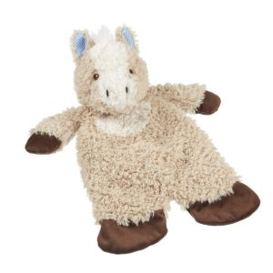 Tan unstuffed plush horse with brown hooves, white stripe down the head, and blue and white gingham pattern inside the ears.