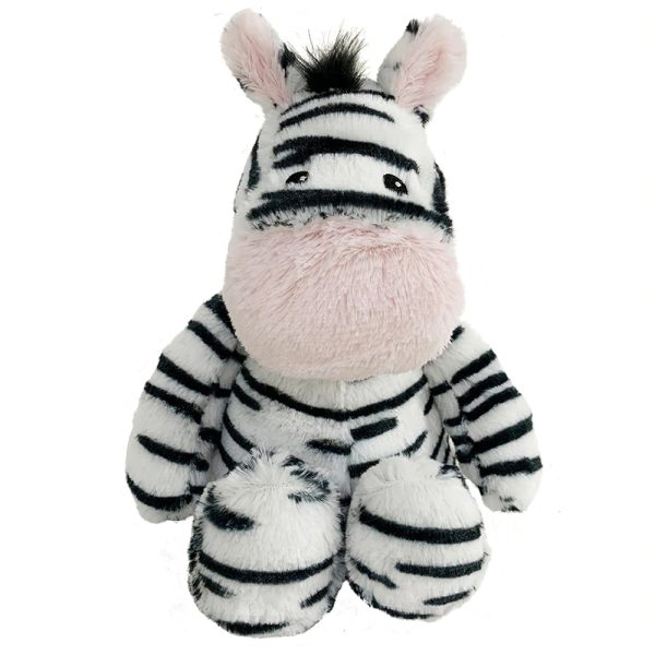 White and black stripped plush zebra with pink ears and nose.