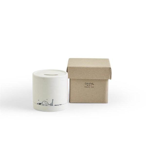 Brown box and white cylindrical money bank with black outline of animals and the words "money box."