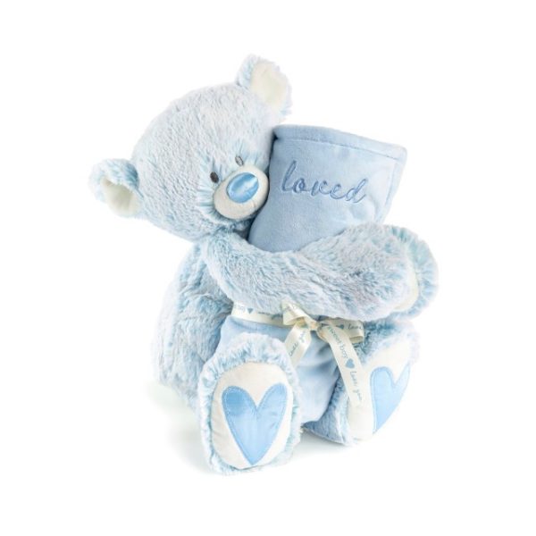 A light blue teddy bear with a blue nose and blue hearts on its paws holding a rolled soft blue blanket that says "loved".