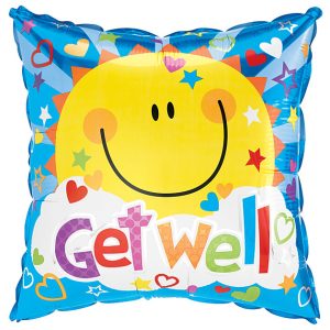18 inch square foil balloon with a large yellow sun and white cloud with Get well written in multi colors on a blue background