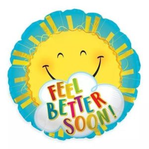 18 inch foil balloon with a large yellow sun and white cloud with the words feel better soon written in multi colors on a blue background
